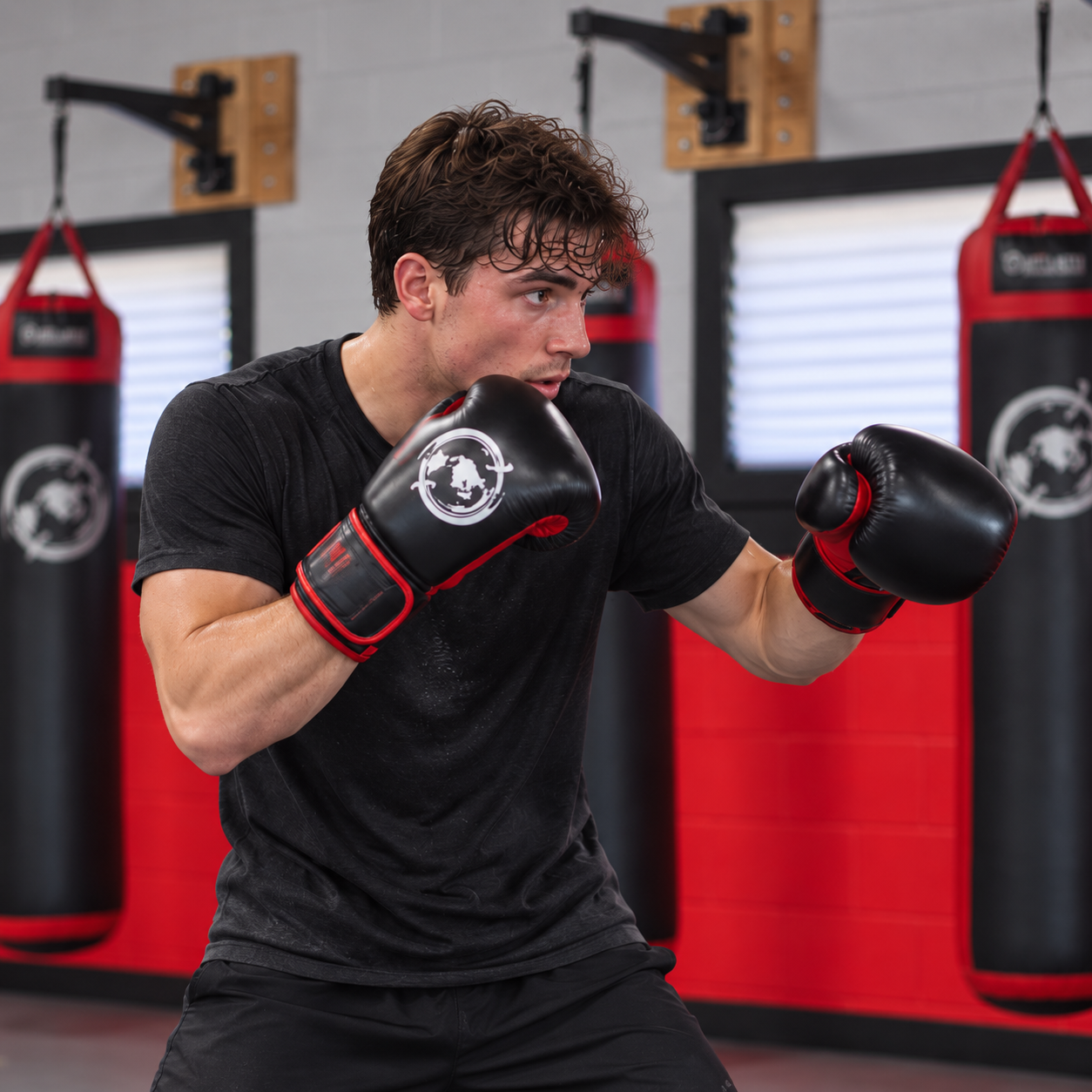 Focused Boxer in a Red and Black Gym