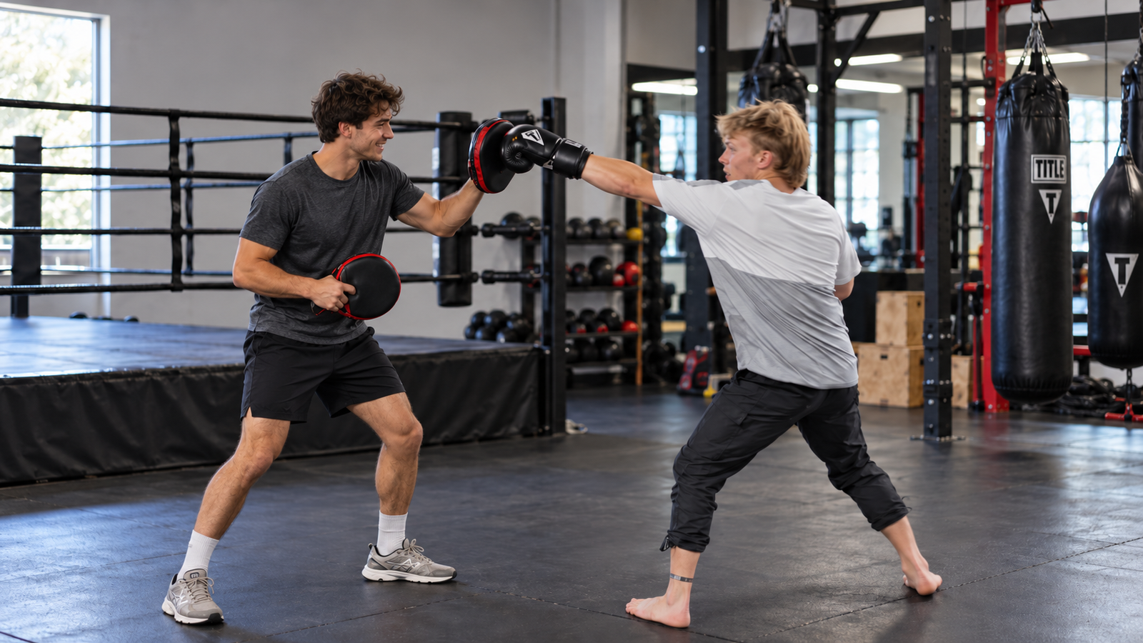 Friends Sparring in a Bright Boxing Gym